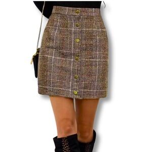 Mini Skirt Brown Plaid Button Front Preppy, Dark Academia Women’s Size Medium